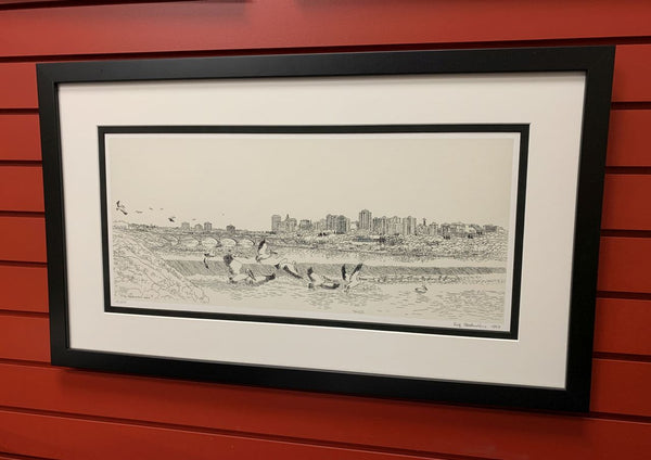 Saskatoon Skyline with Pelicans, by Fritz Stehwien - unframed Limited Edition Print